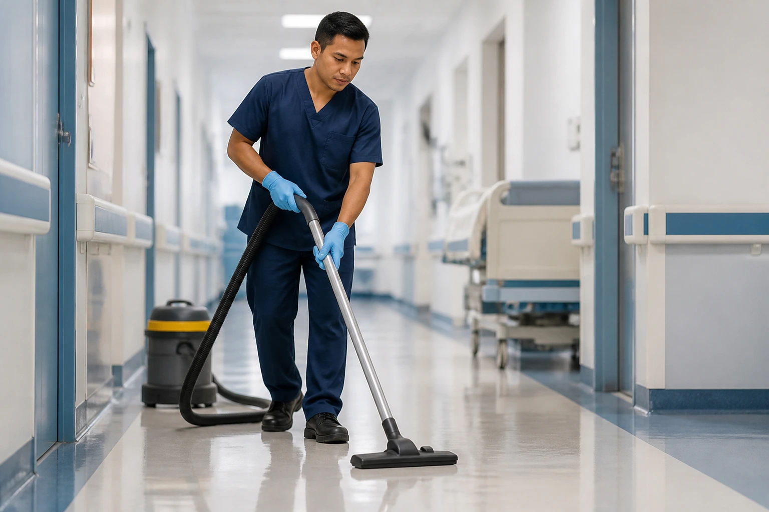 Cleaner at work during shift in hospital corridor with vacuum