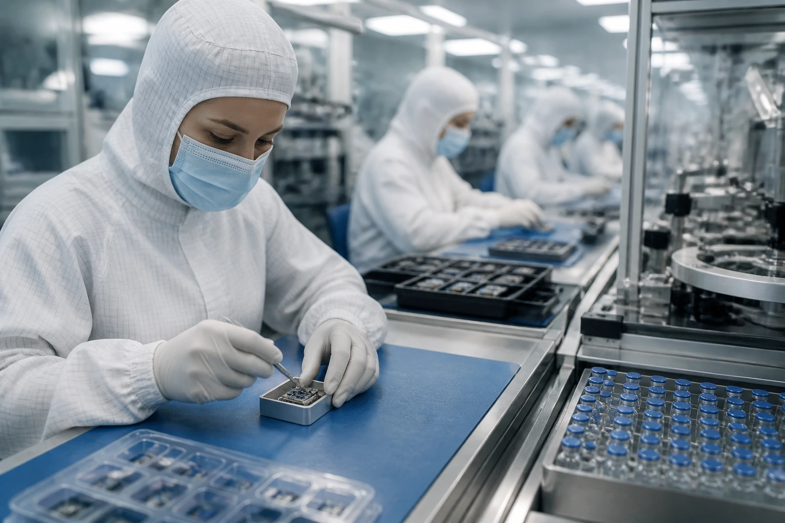 Cleanroom technician in white gown working in sterile electronics/pharma environment