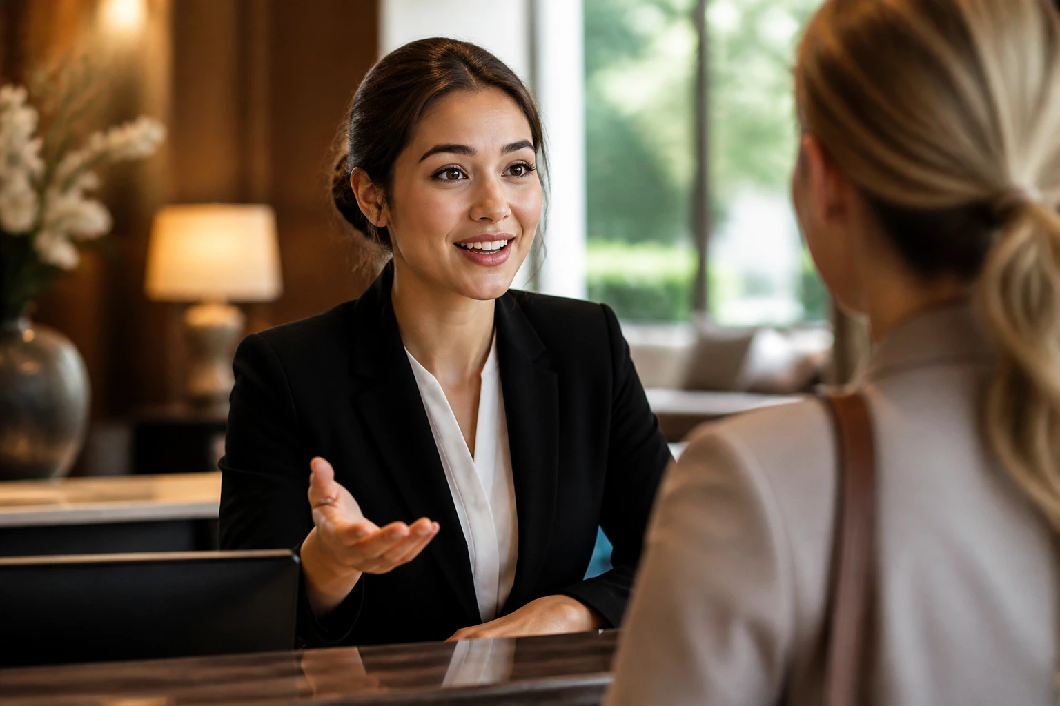 Receptionist clearly communicating with guest in hotel lobby
