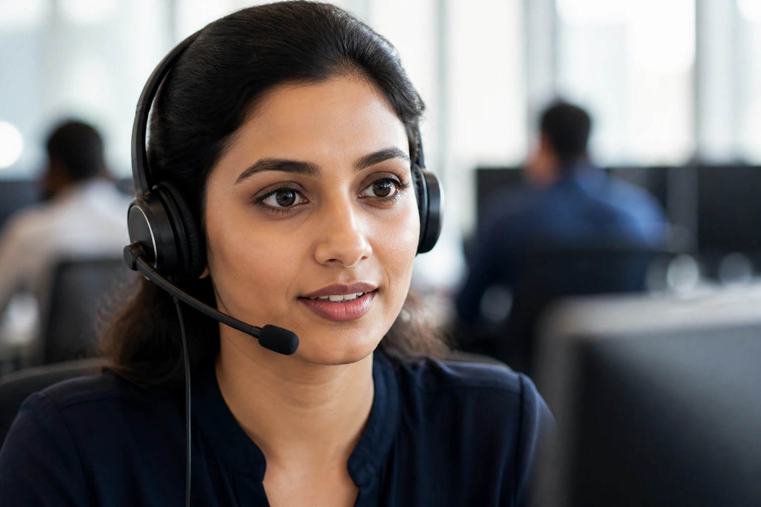 Close-up of a call centre agent speaking clearly into a headset