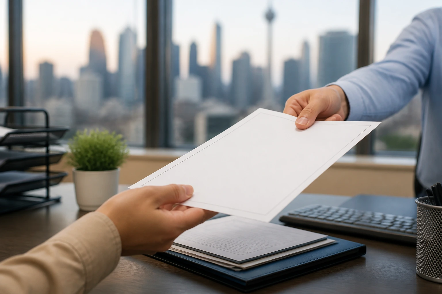 Hands exchanging blank form on desk in office, city view in background