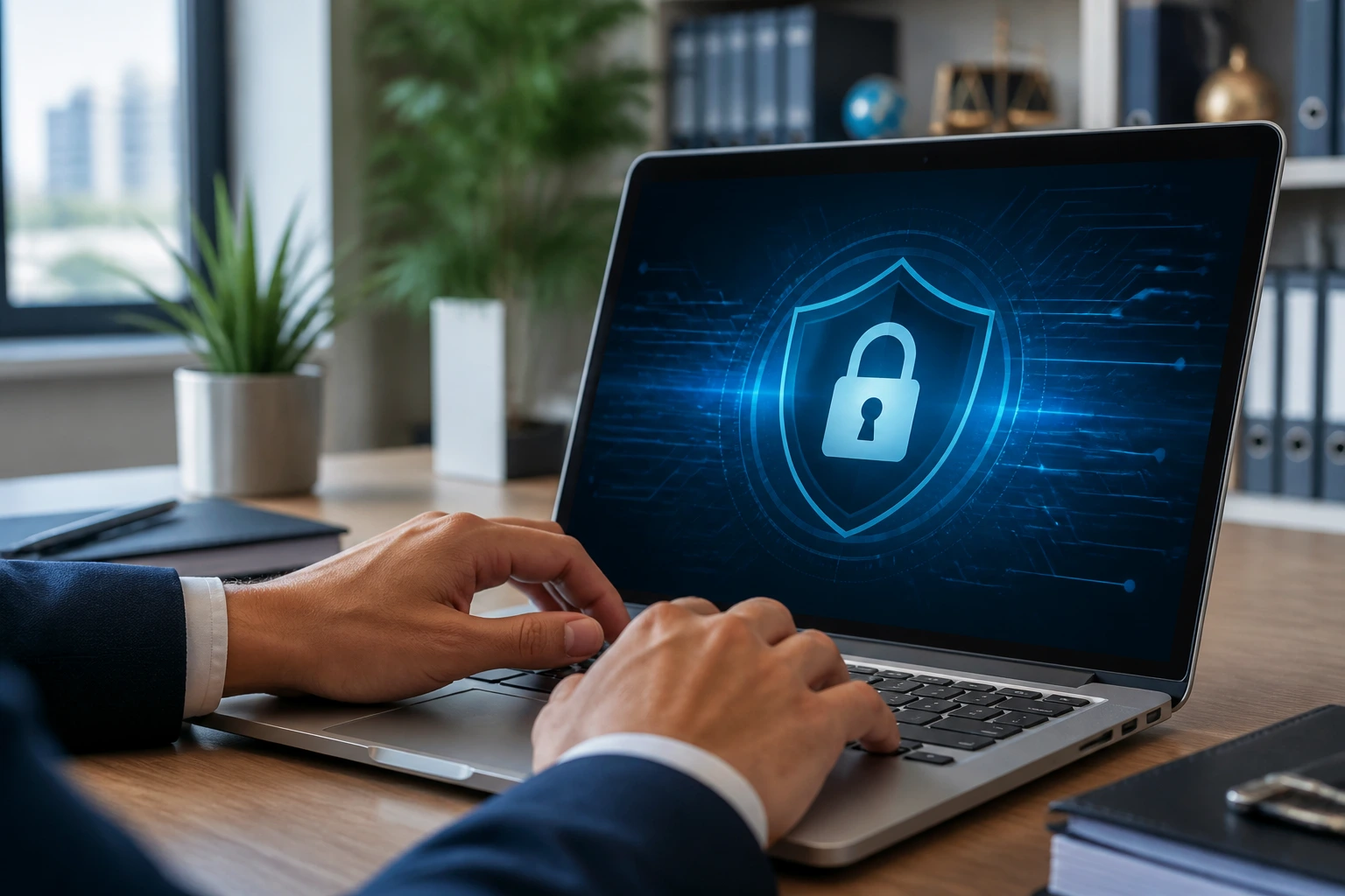 Hands typing on a laptop showing a secure portal interface in an office.