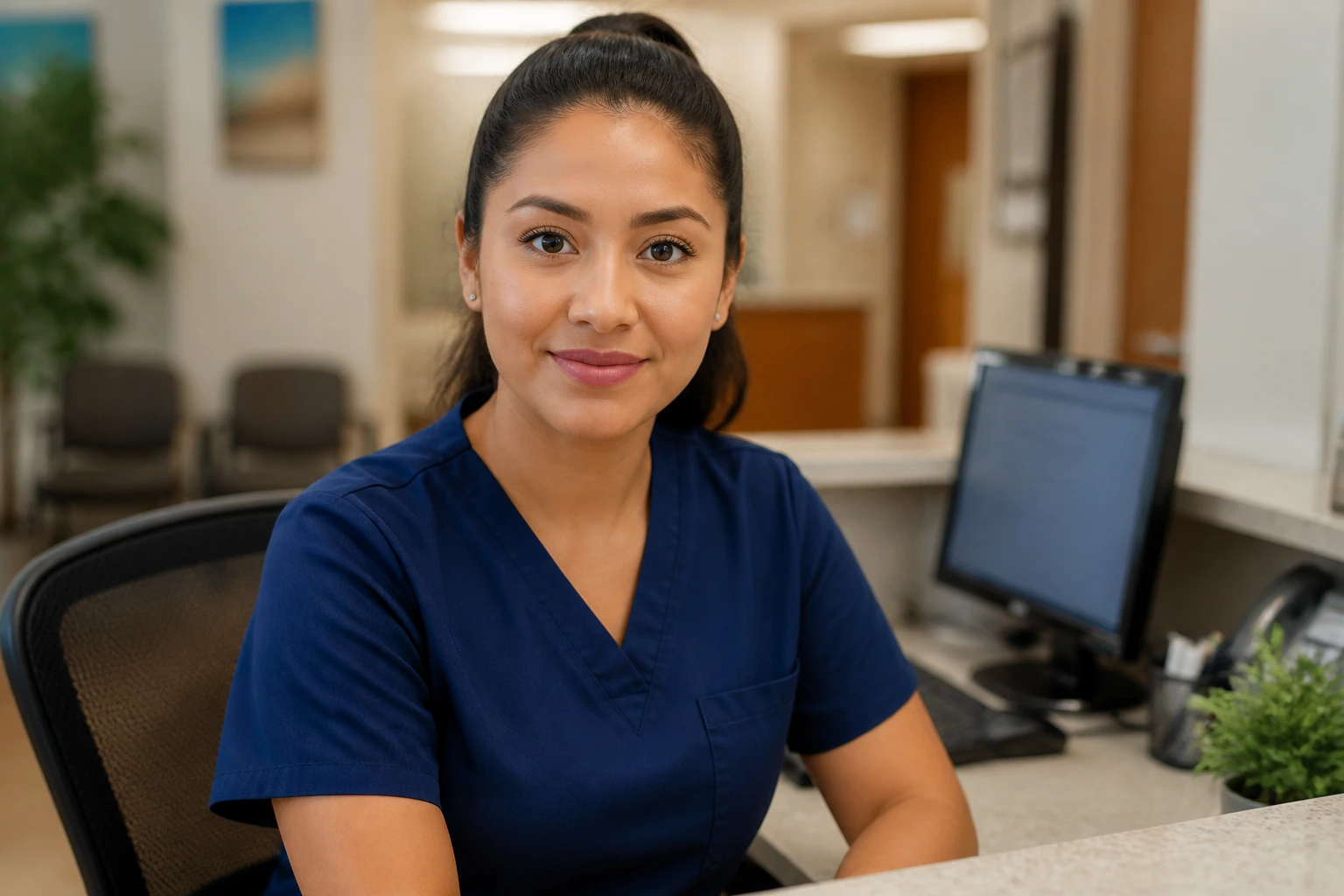 Person at a clinic front desk in a warm office setting