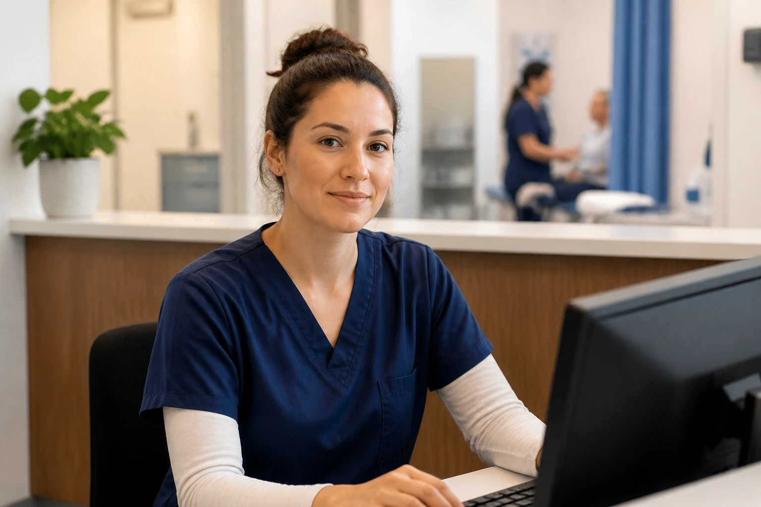 Portrait of a healthcare worker at a clinic reception matching medical assistant experience.