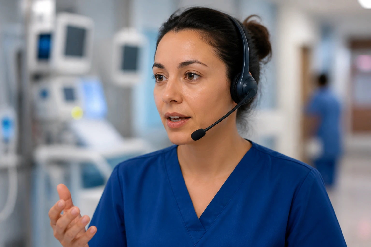 Nurse in scrubs with headset in hospital corridor engaged in clinical communication