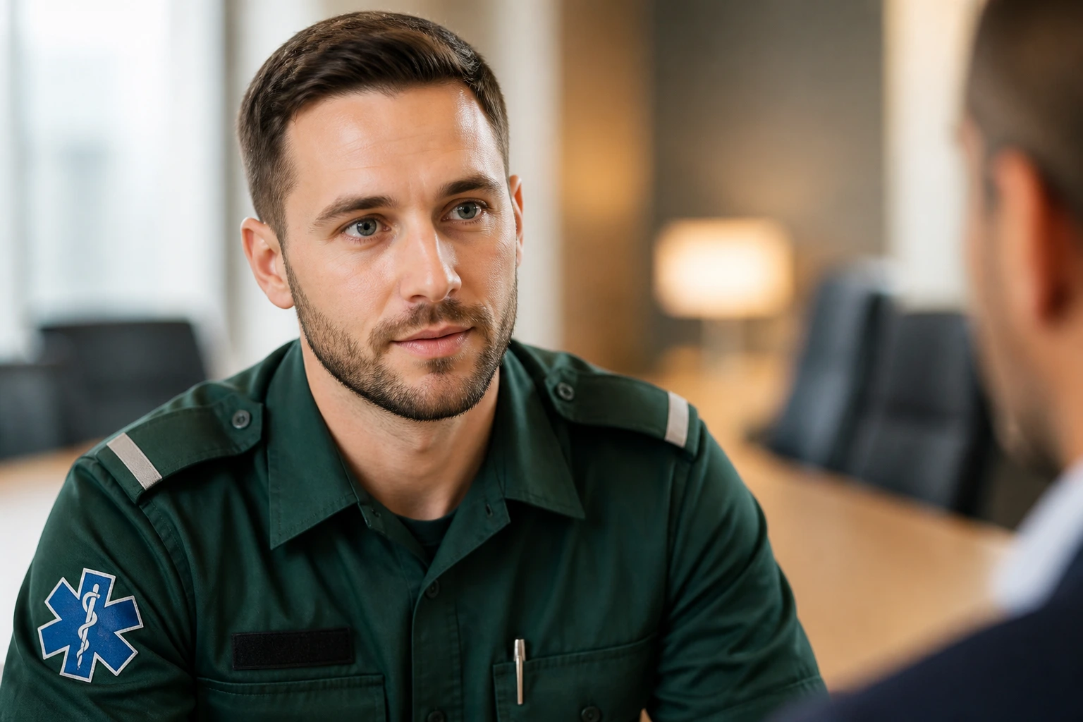 Paramedic portrait in a professional interview room