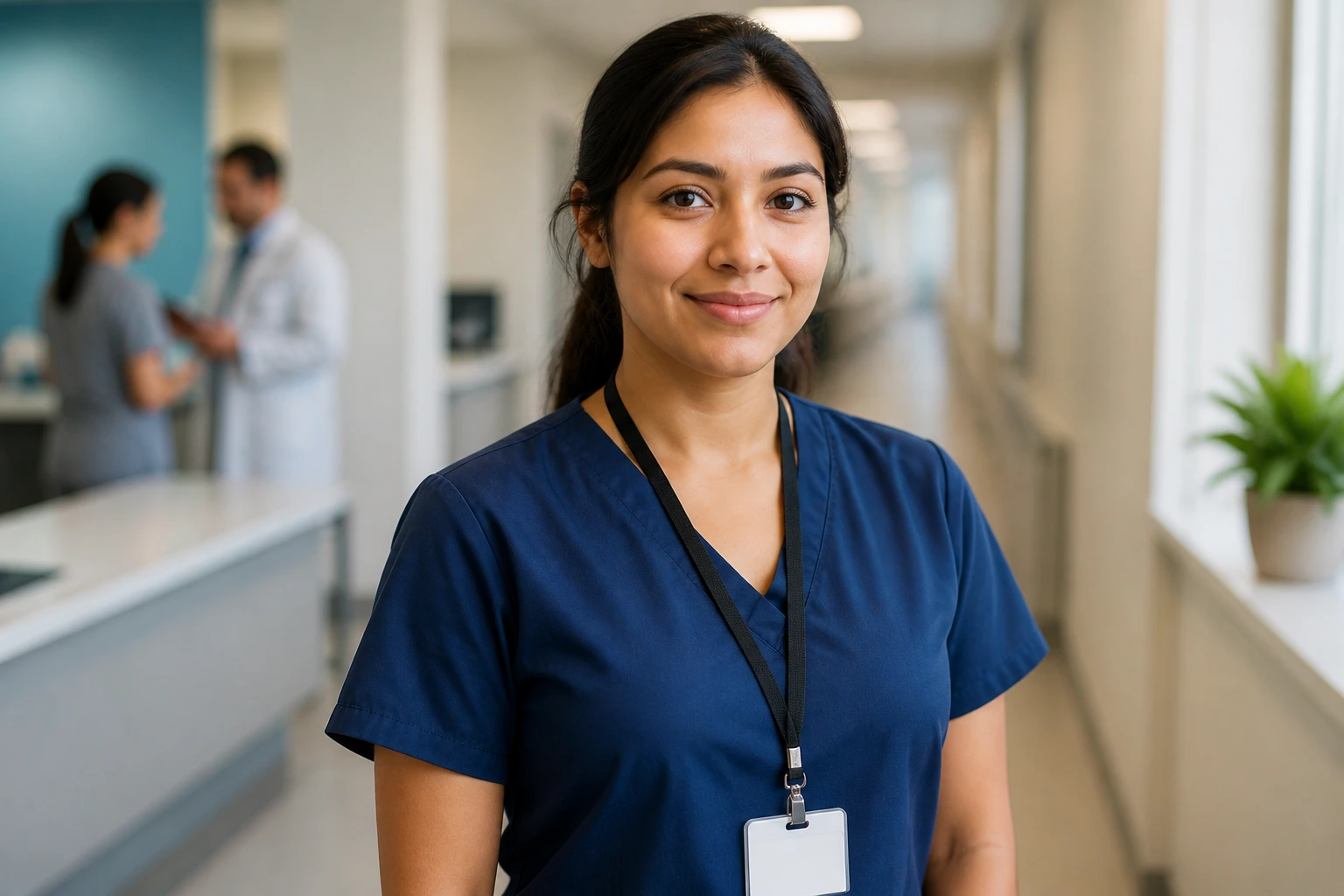 Portrait of a clinician in a clinic hallway with a blank ID badge