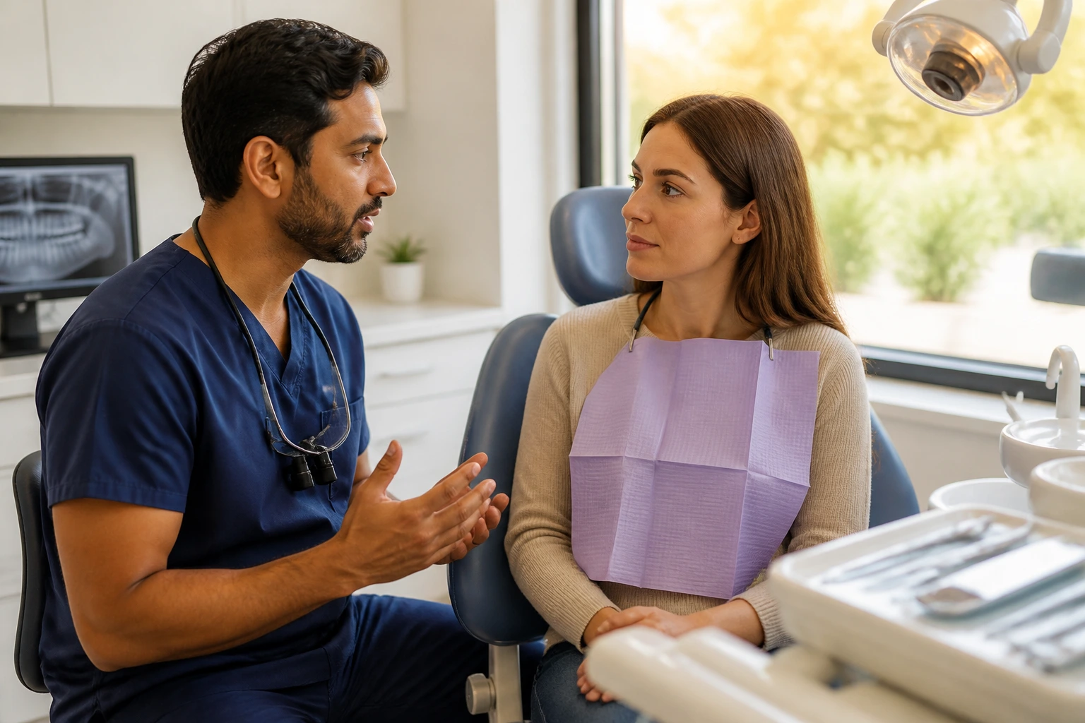 Dentist and patient engaged in a clinical interview in a treatment room