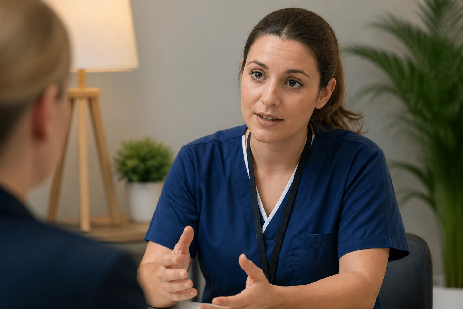 Nurse preparing for clinical interview in a calm room
