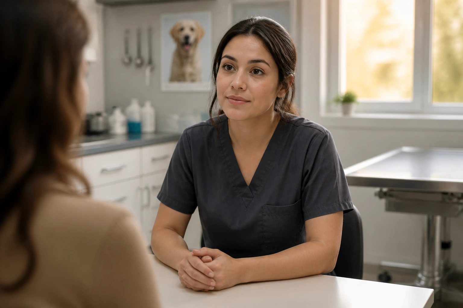 Real candidate in clinic interview setting, focused and thoughtful