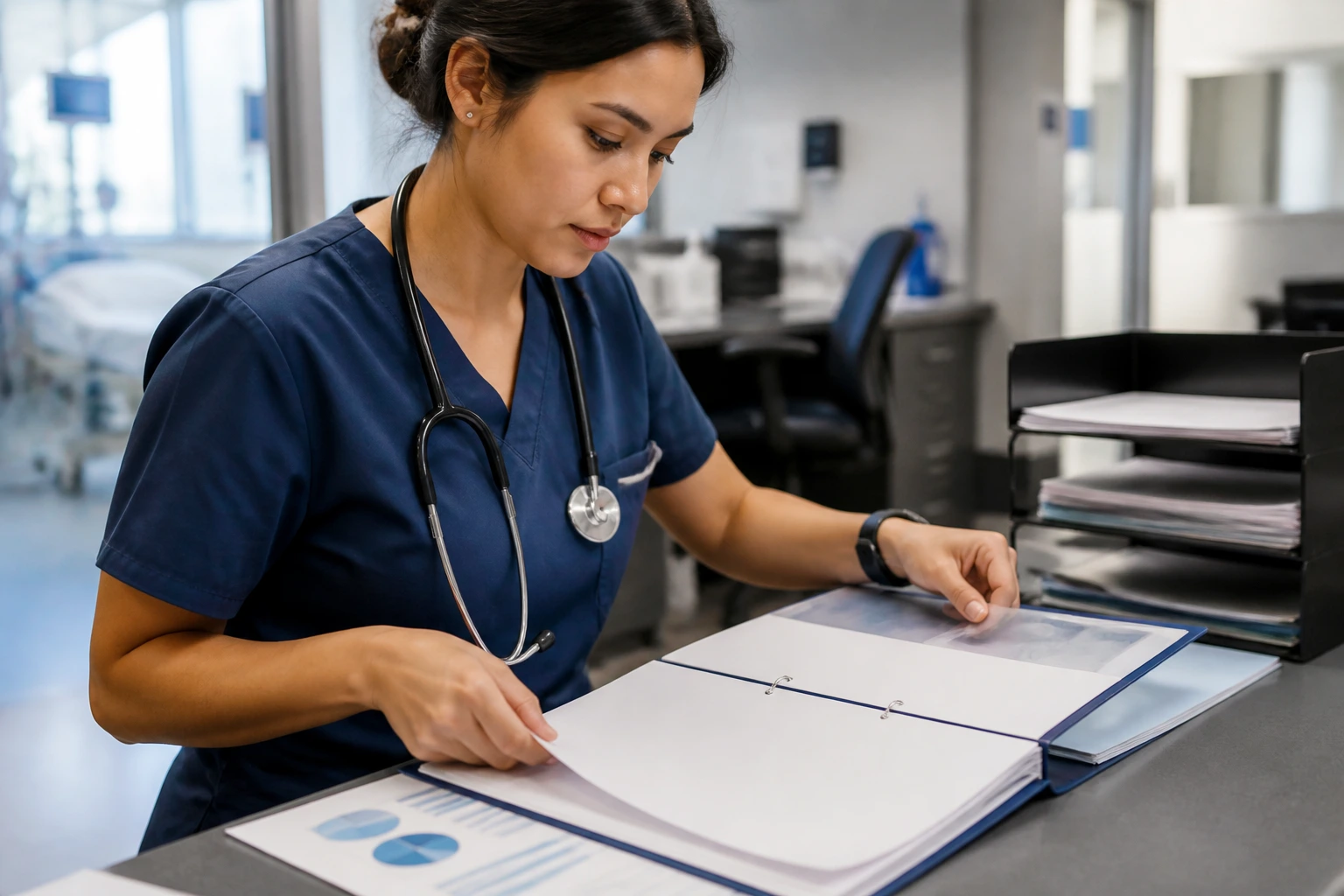 Close-up of a nurse organizing a clinical portfolio binder in a clinical office