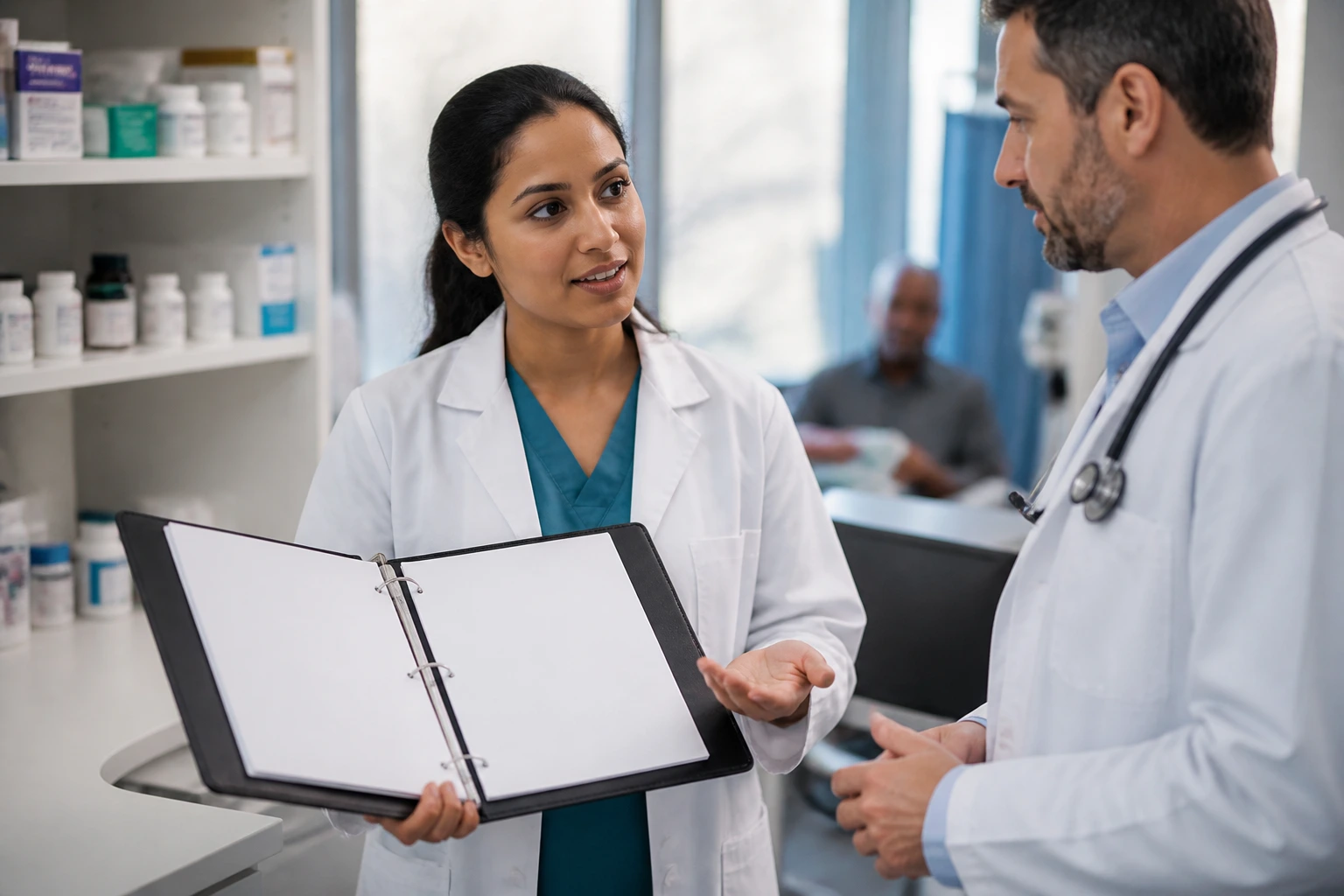 Pharmacist with clinical portfolio binder in a clinic