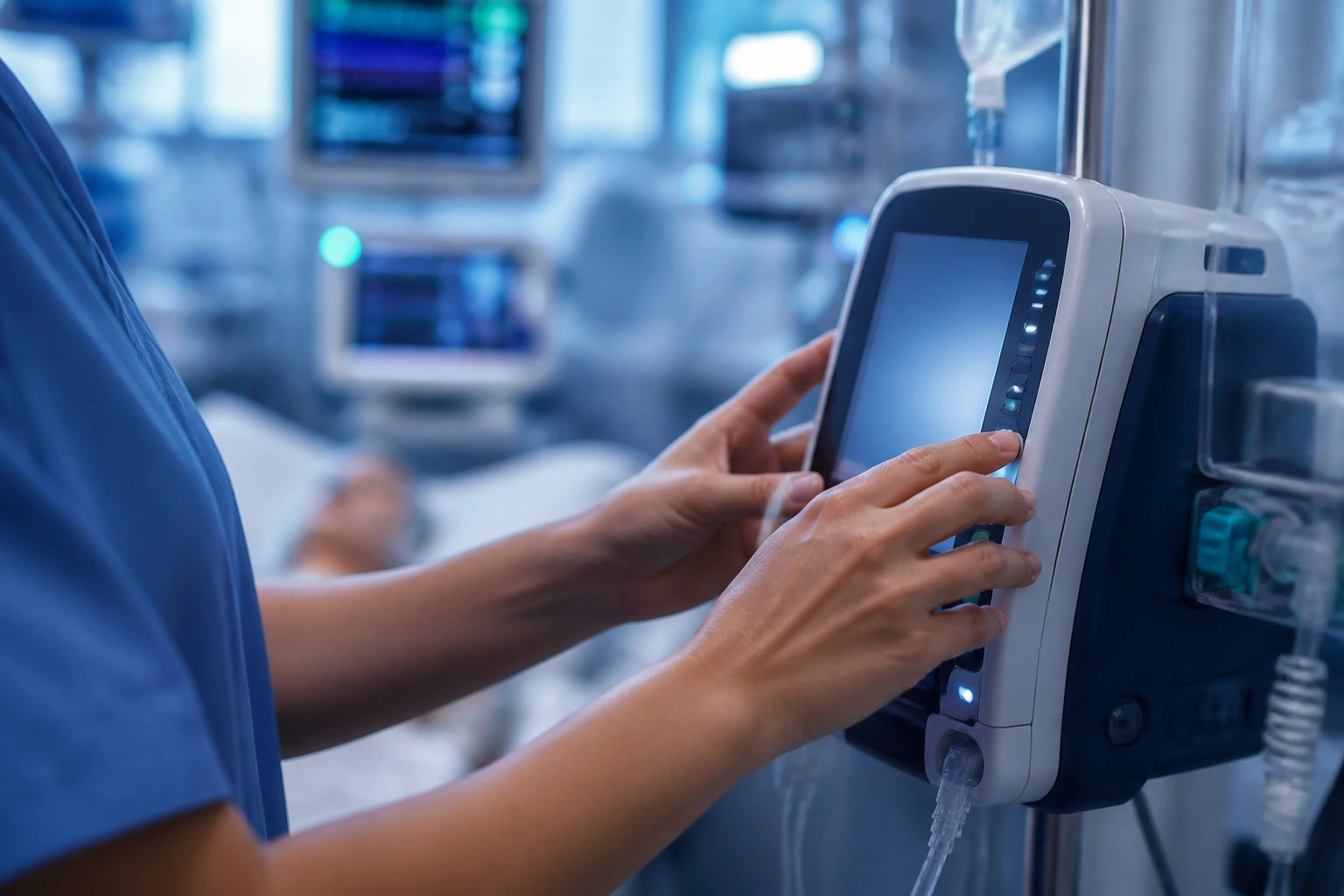 Clinician adjusting infusion pump in hospital room