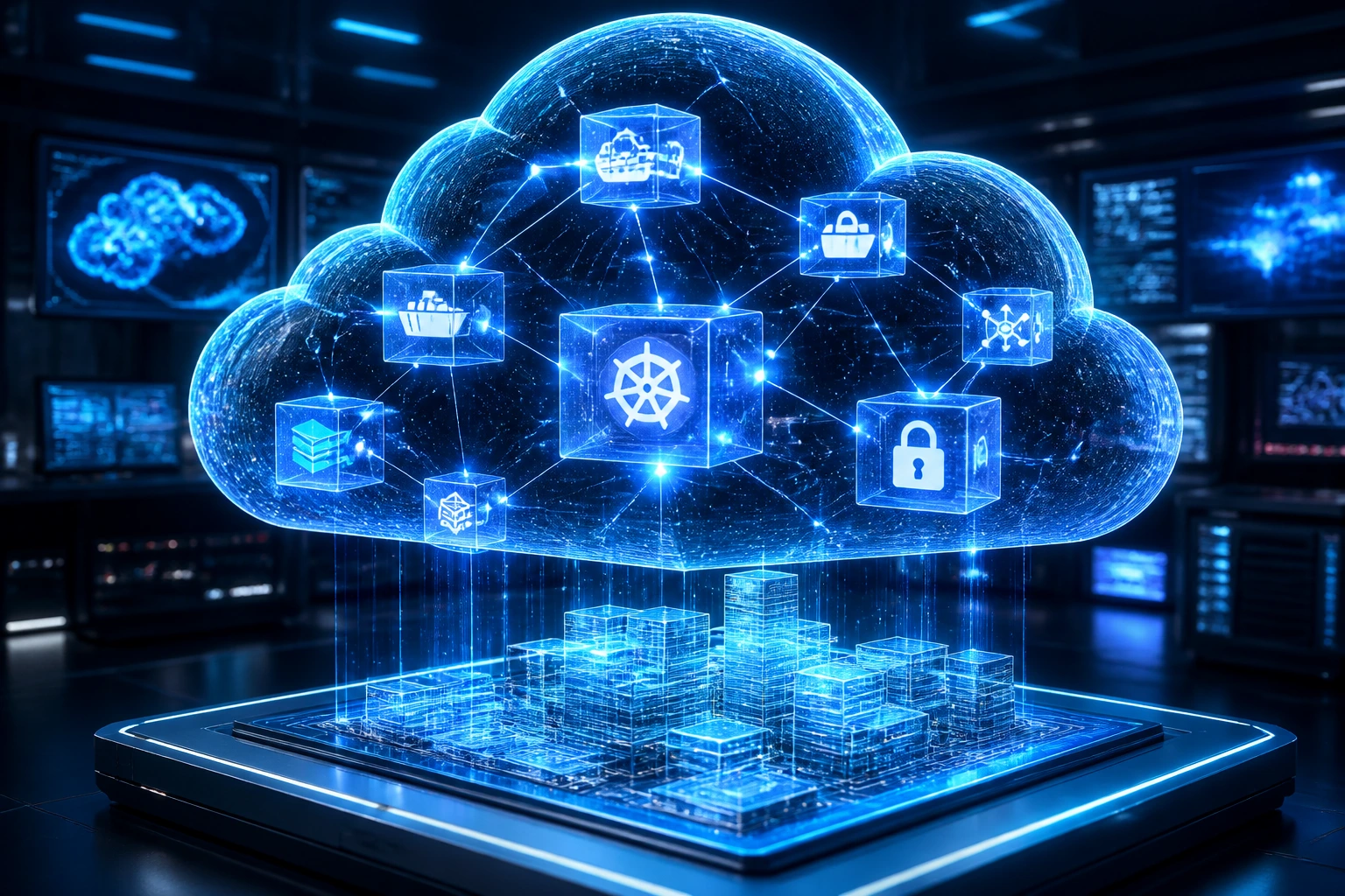 Close-up of a glowing cloud architecture diagram in a high-tech lab
