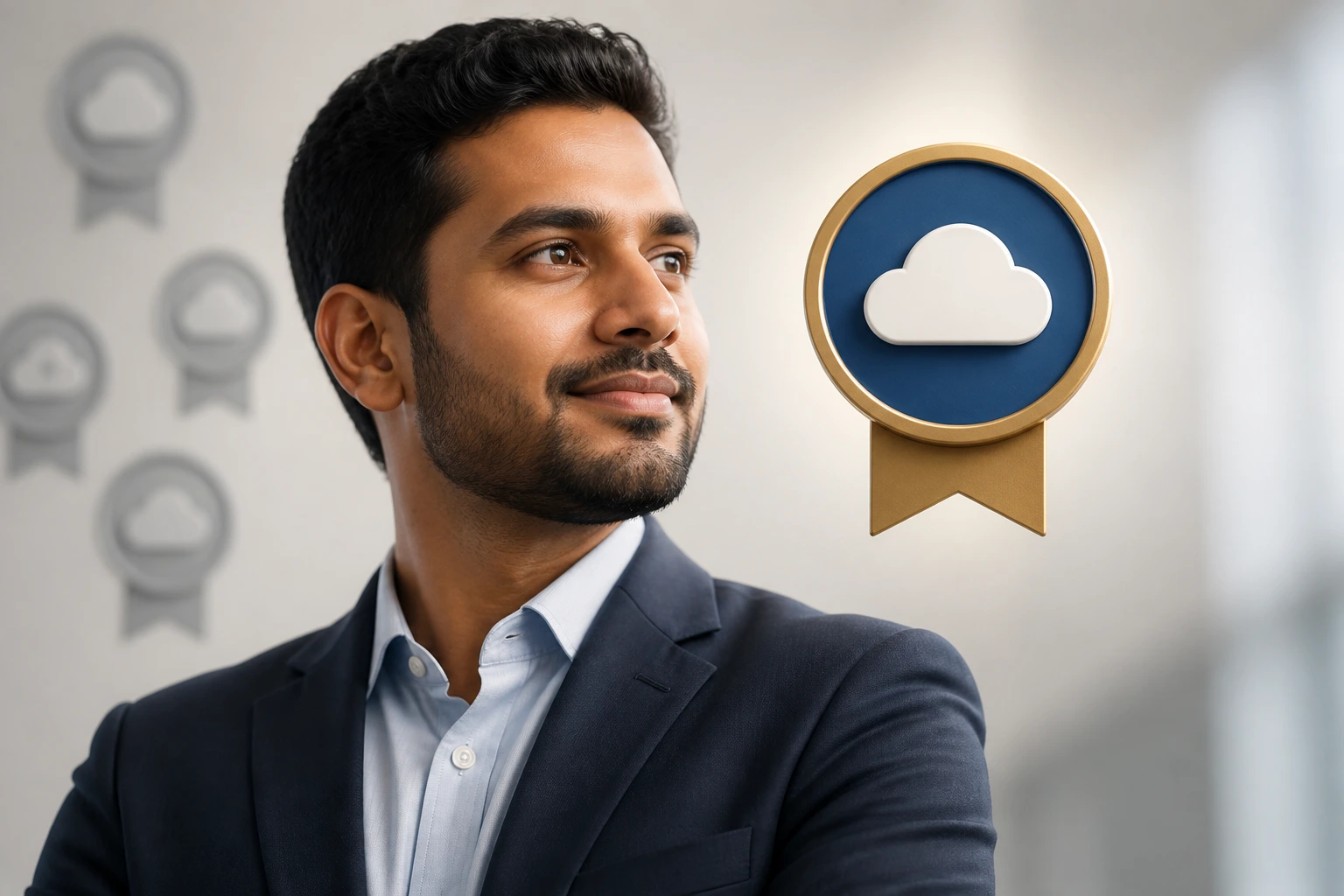 Professional portrait with a single certification badge behind, symbolizing credentials