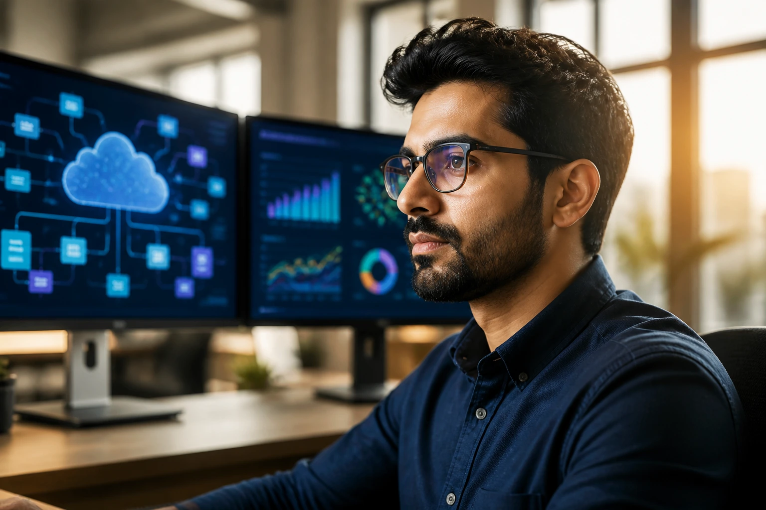 Close-up portrait of a cloud engineer in a UK office, illustrating the salary reality of £80k for cloud engineers.