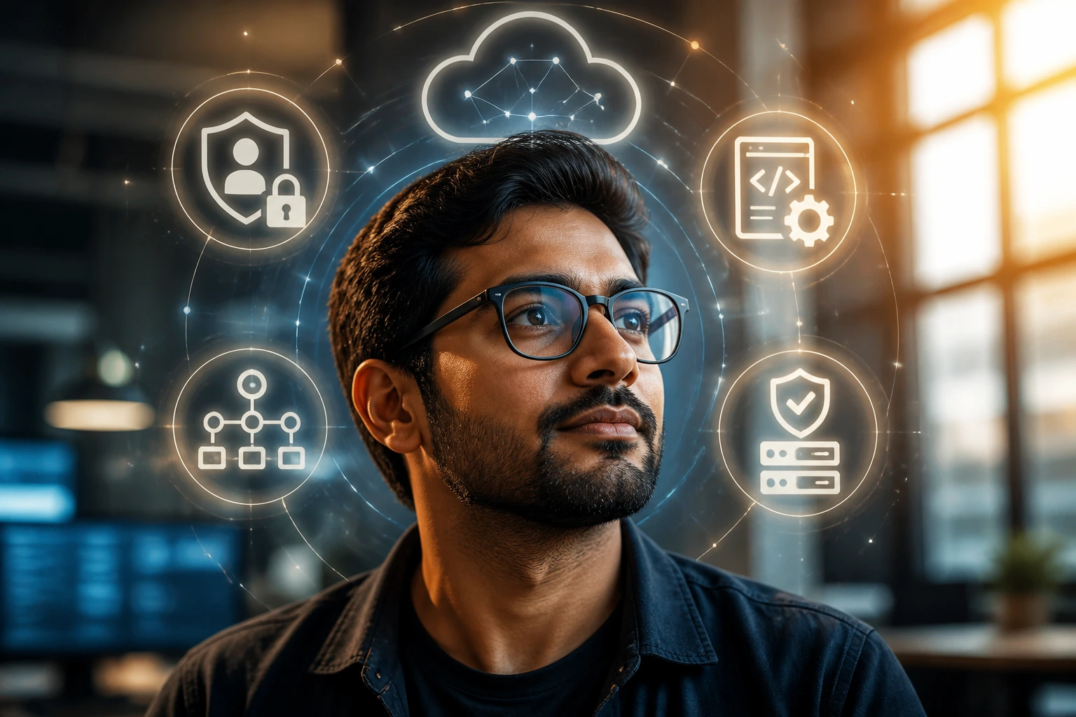 Close-up portrait of a cloud architect with glowing skill icons around the head