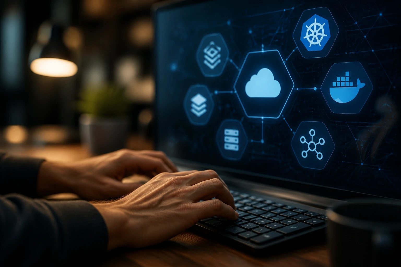 Close-up of hands typing on a keyboard with a monitor displaying abstract tech-icons representing cloud, containers, and devops.
