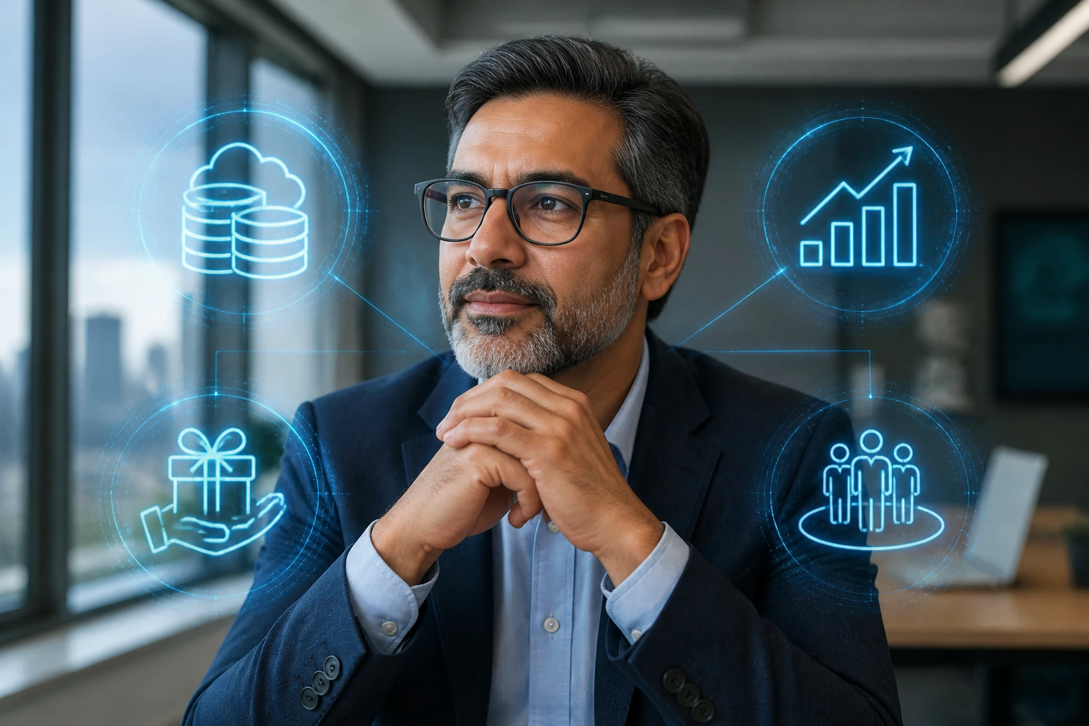 Close-up portrait of a senior cloud architect with blue holographic compensation icons in an office setting
