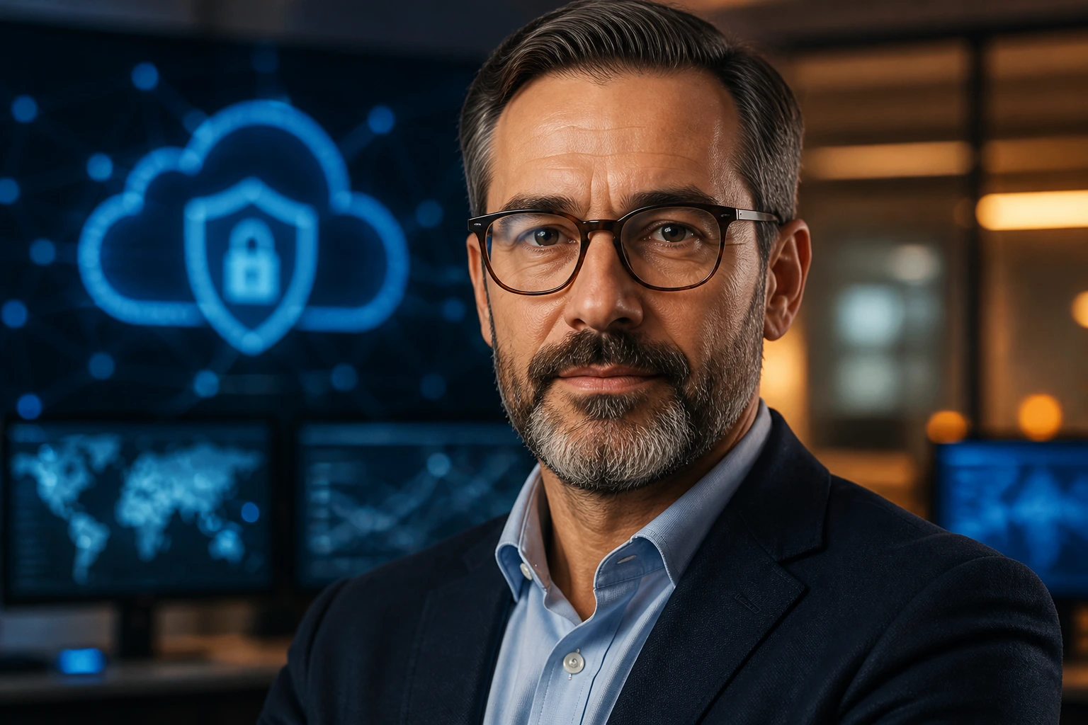 Senior cybersecurity expert portrait highlighting cloud security and GRC specialization.