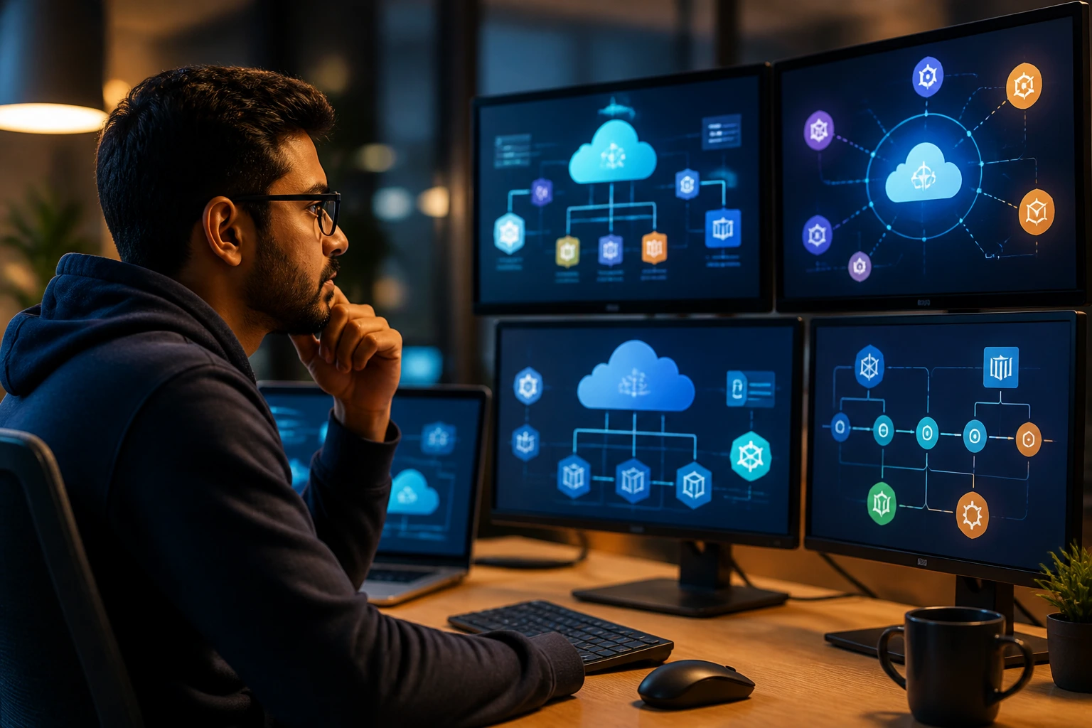 Cloud engineer in a UK office with cloud architecture visuals illustrating premium-ready tech stack.