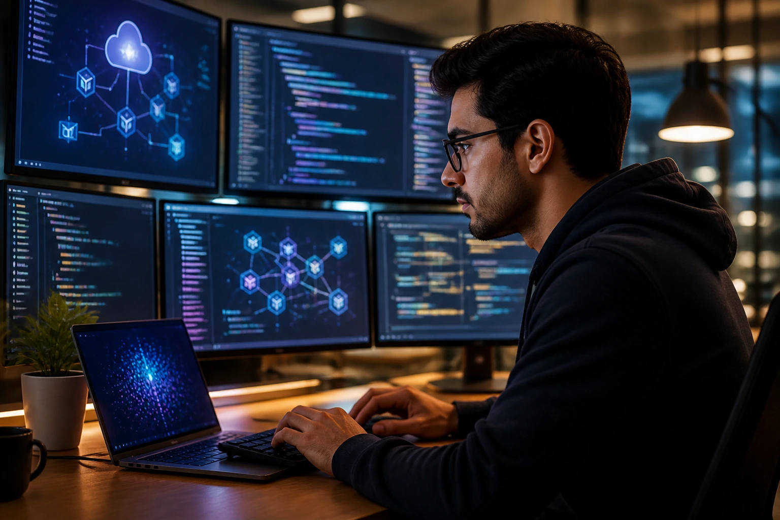 Developer at desk with multiple monitors displaying abstract code-like visuals in a modern office.