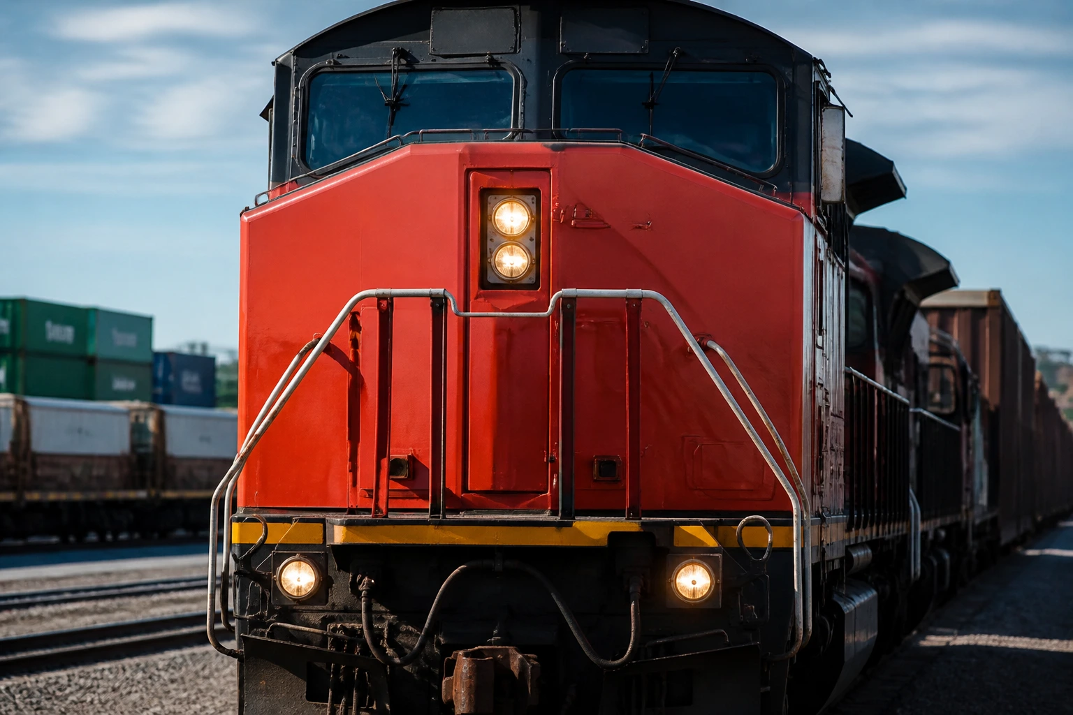 Close-up of a CN Rail locomotive nose in a busy railway yard.