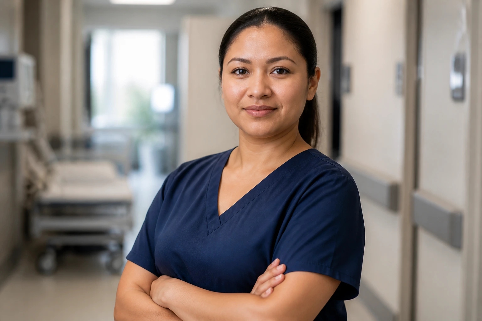 CNA in uniform standing in a clinical hallway displaying professional demeanor