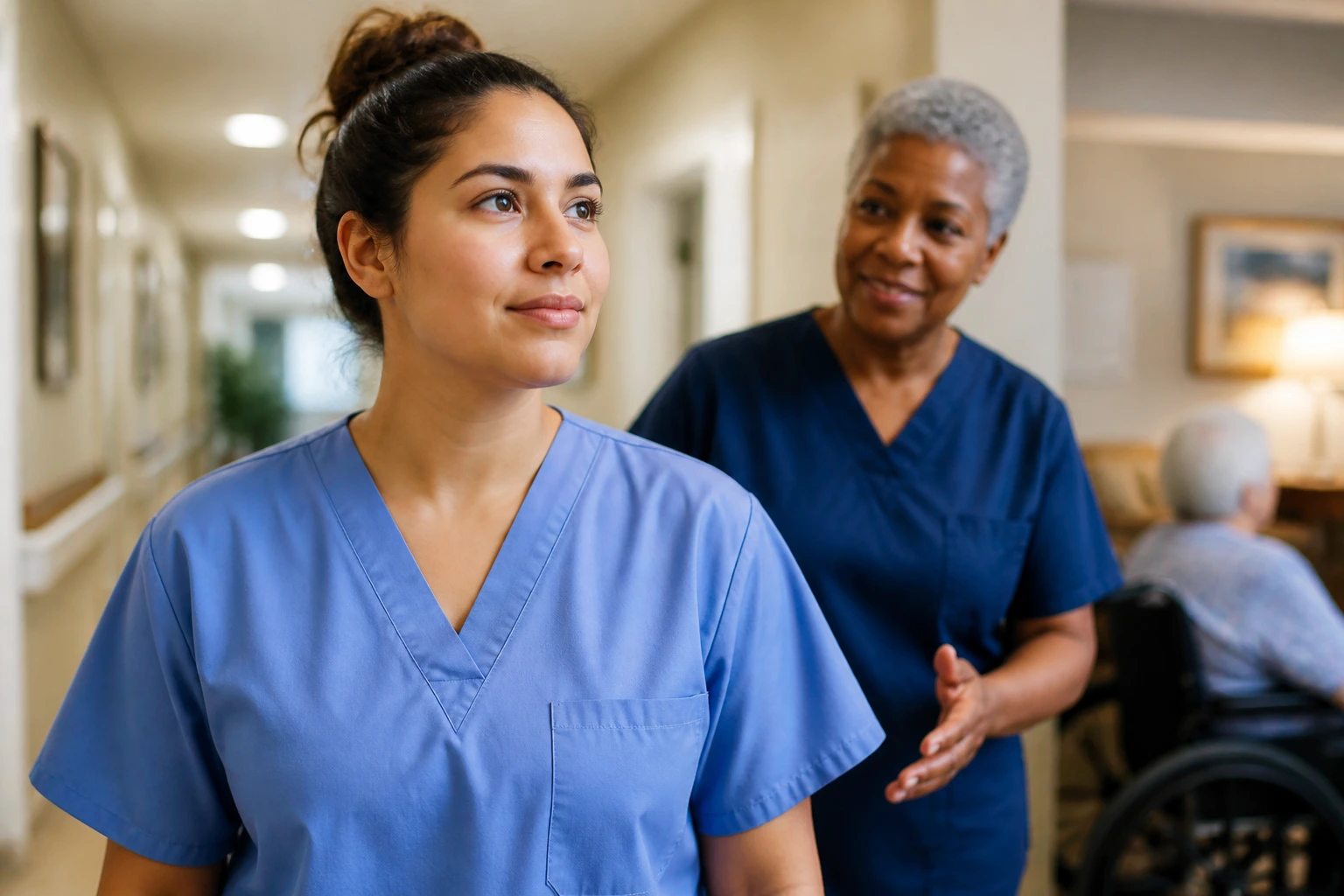 New CNA in a care facility hallway during orientation
