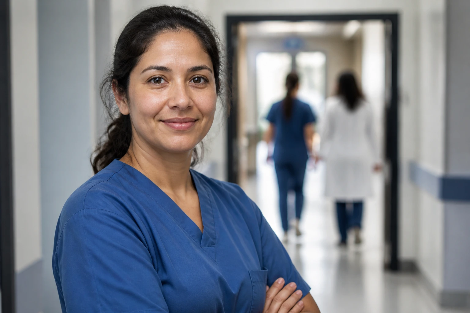 CNA in scrubs in a hospital corridor suggesting upward path to LPN/RN opportunities