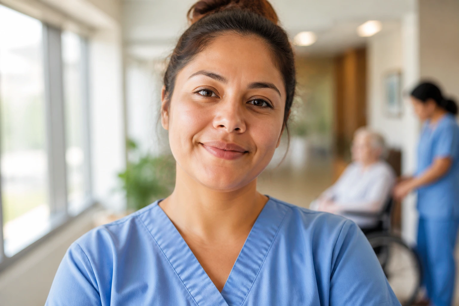 CNA in scrubs in a bright hallway considering salary realities