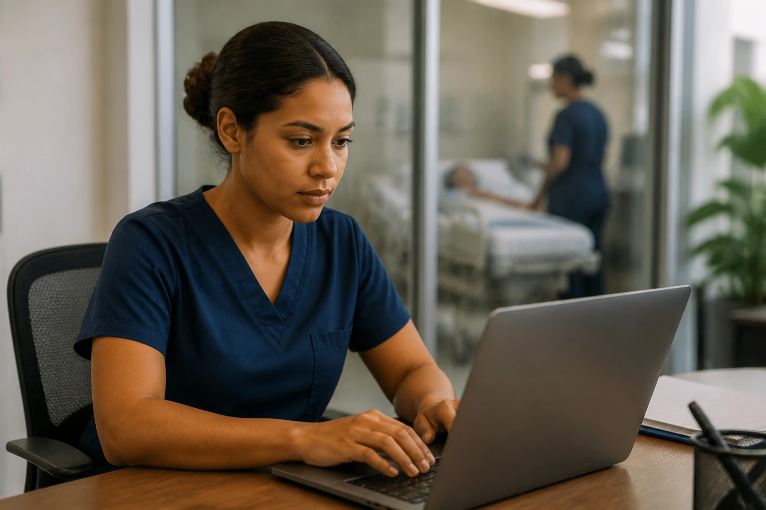 CNA candidate at a desk in a healthcare recruitment office evaluating sponsorship openings