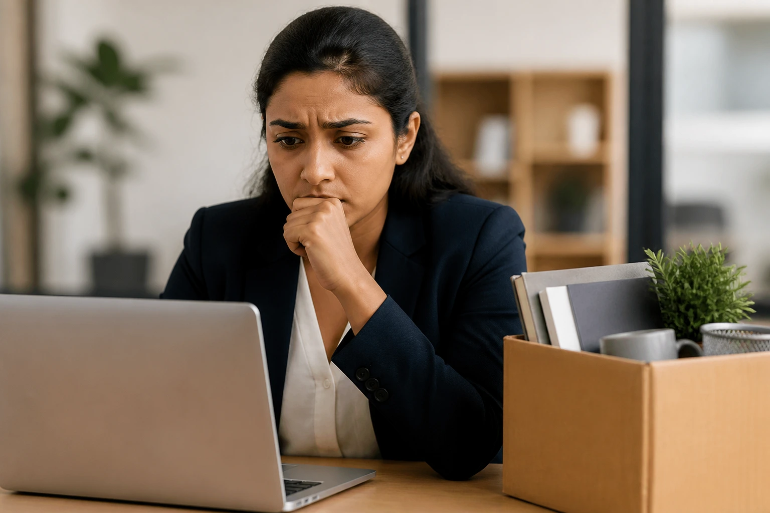 Close-up portrait of a person at a desk with a laptop and a cardboard box nearby