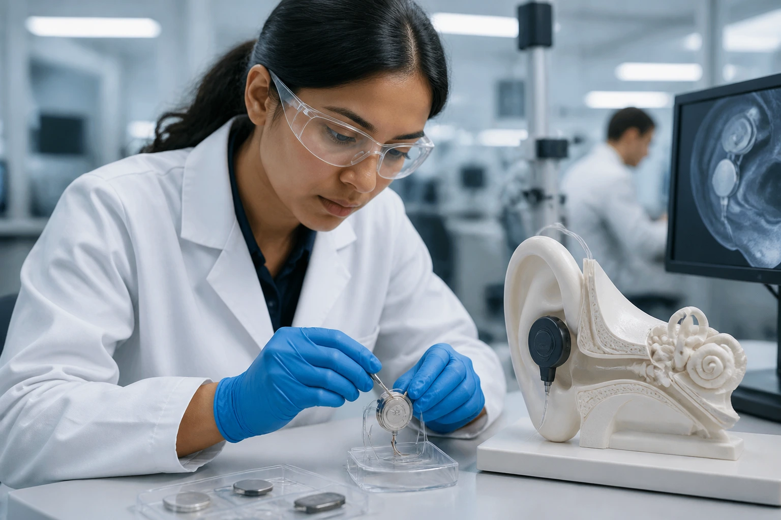Biomedical engineer at Cochlear in a lab environment