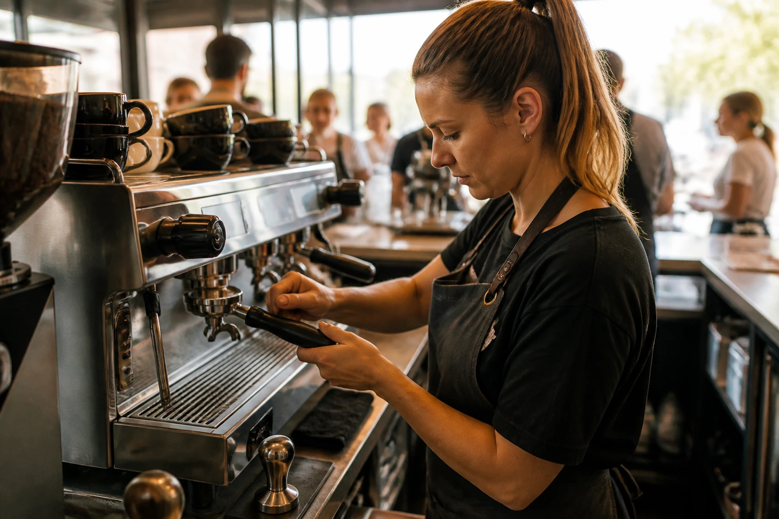 Barista at counter performing standard espresso workflow