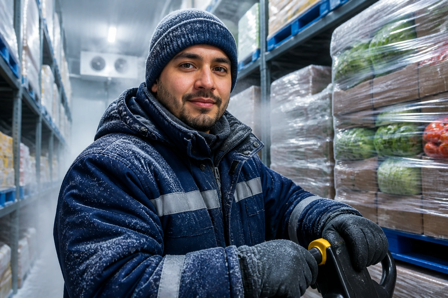 Worker in cold storage environment in a freezer aisle illustrating opportunities in cold storage