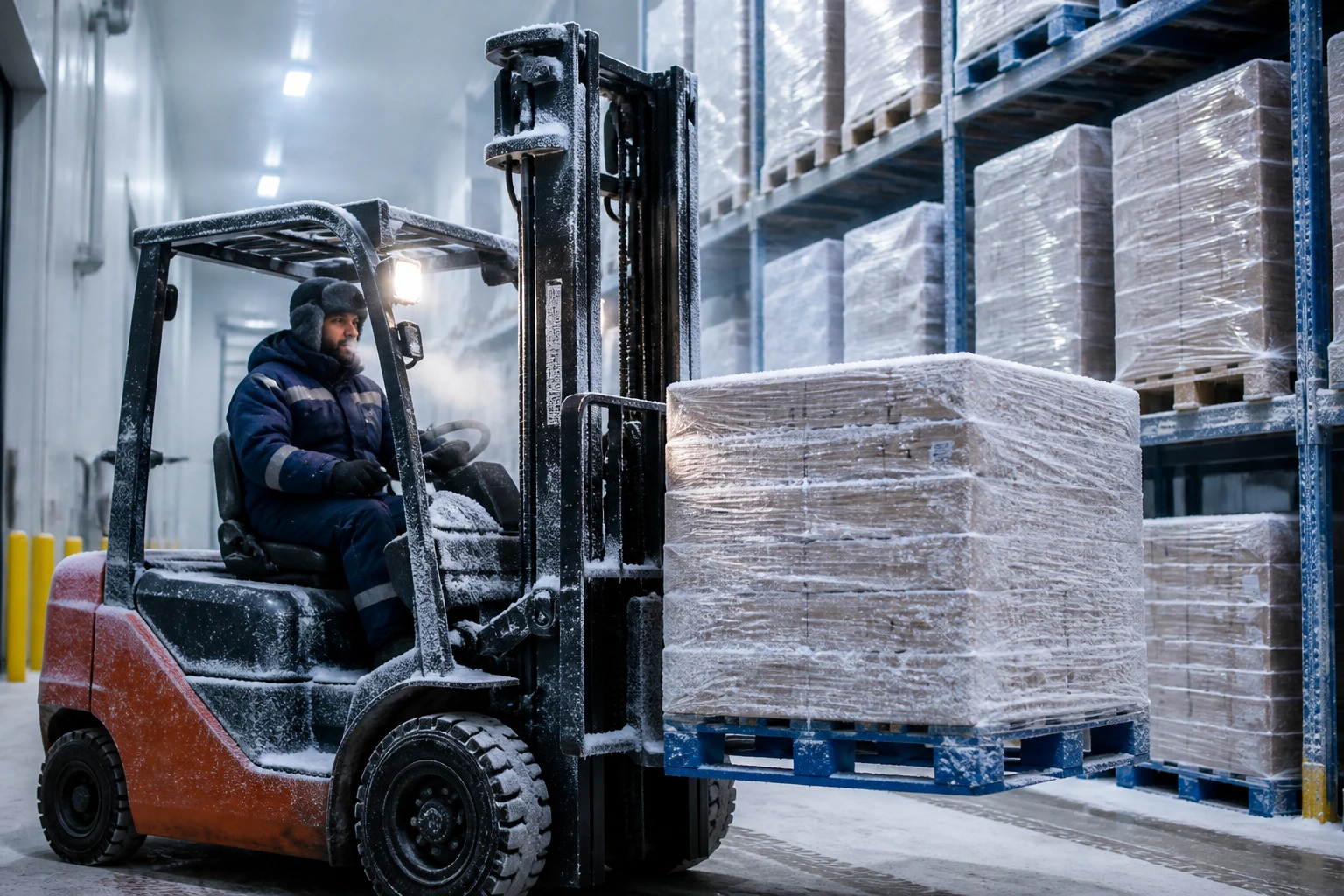 Forklift operator in cold storage facility with frost and pallets