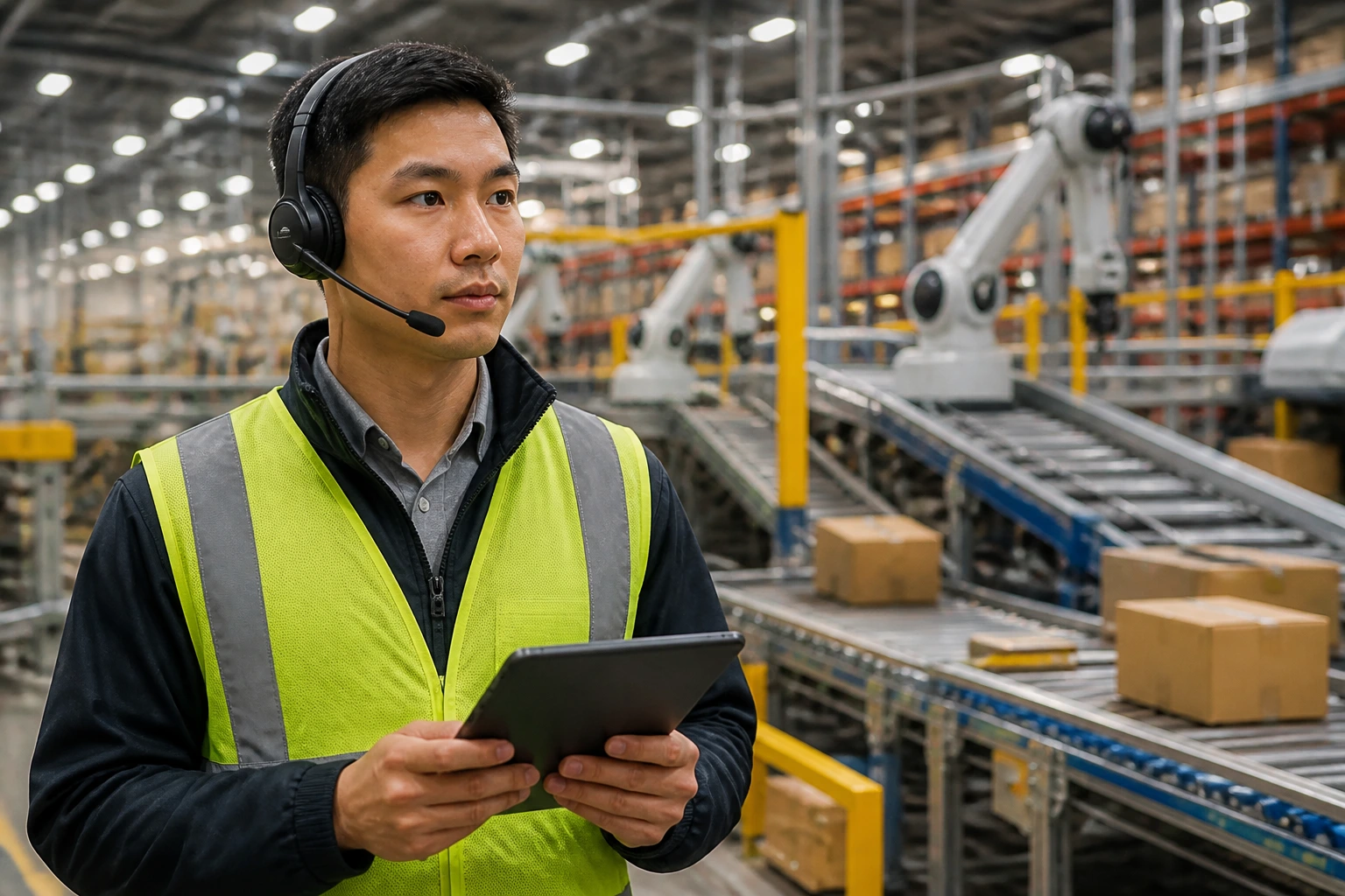 Medium close-up of an industrial engineer in a distribution center