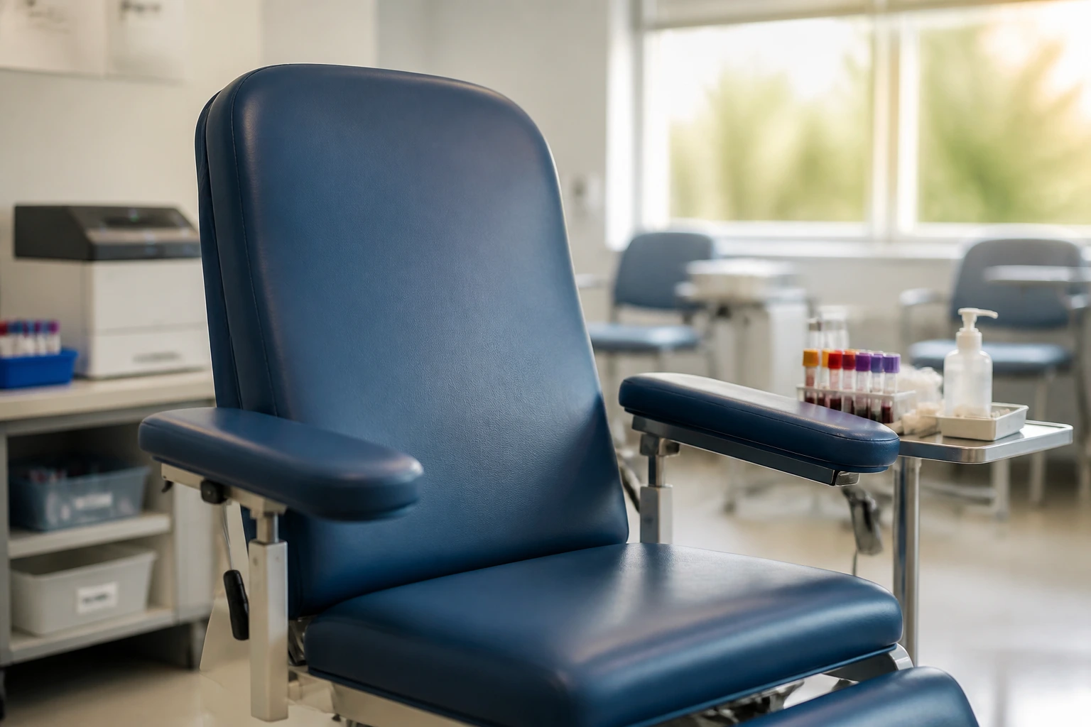Close-up of a collection chair in a busy clinical lab with soft morning light