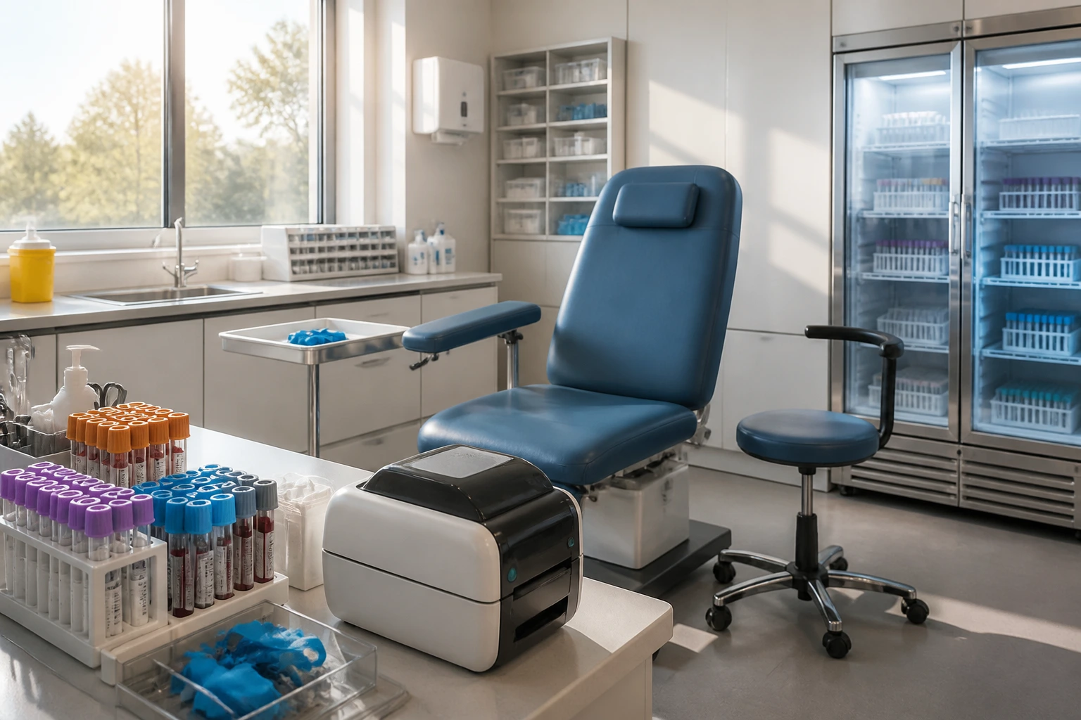 Interior of a morning phlebotomy collection room with equipment