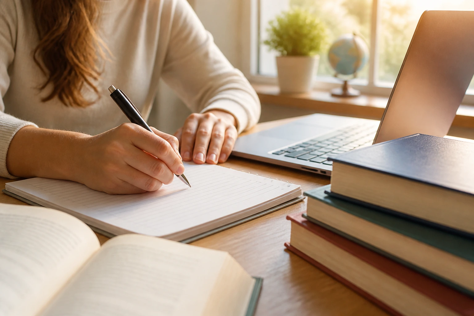 Close-up of student studying with notebook, laptop, and textbooks