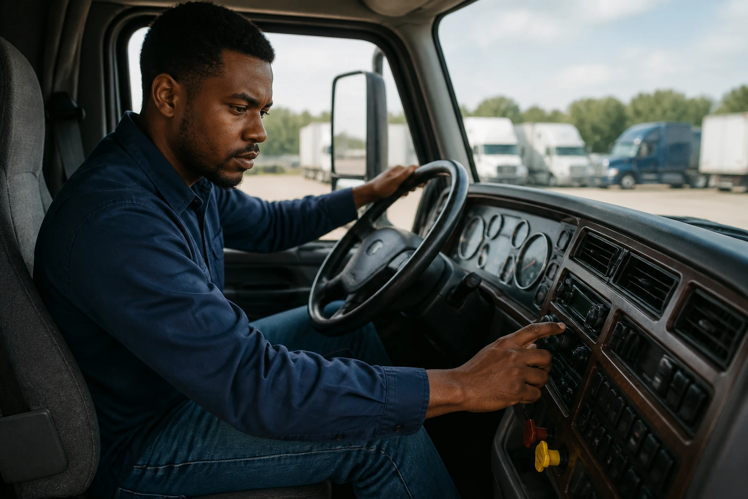 Close-up of a student driver performing pre-trip inspection in a truck cab