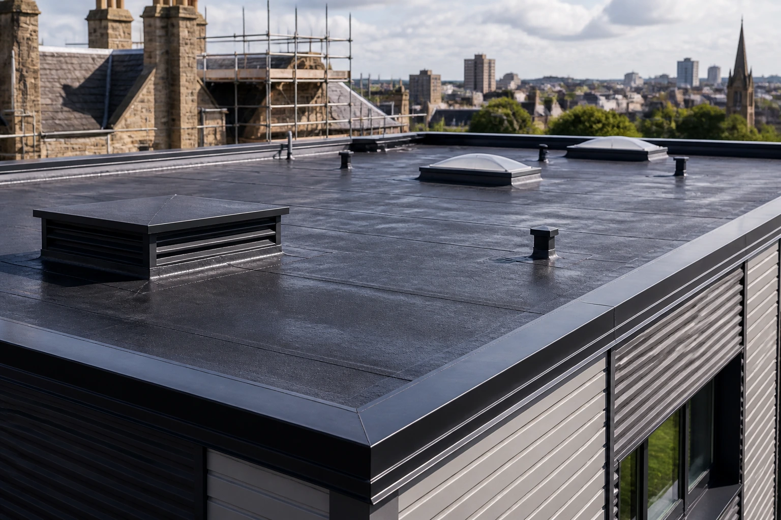 Close-up of a commercial roof with membrane and parapet in a UK setting