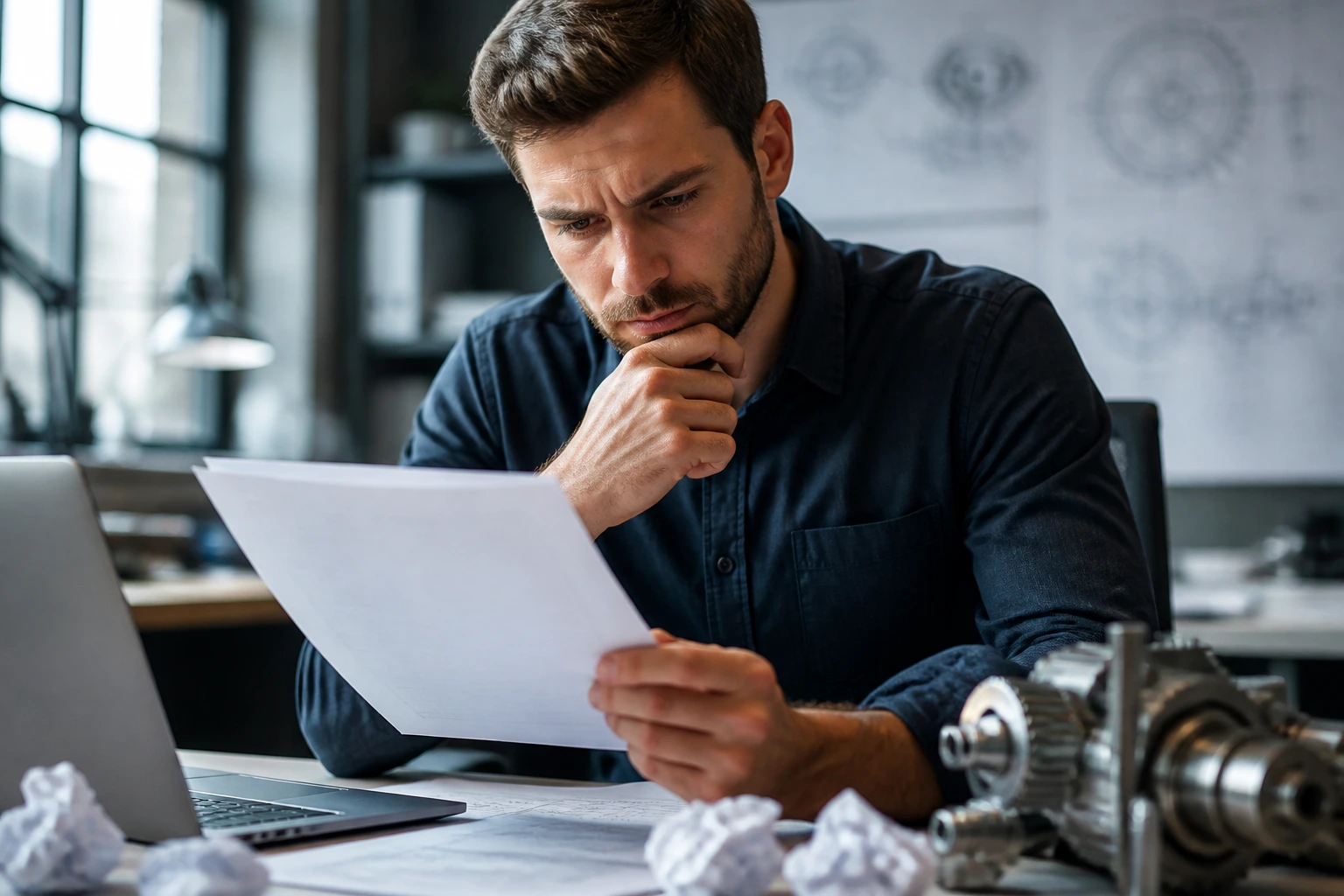 Close-up portrait of a mechanical engineer contemplating job application mistakes