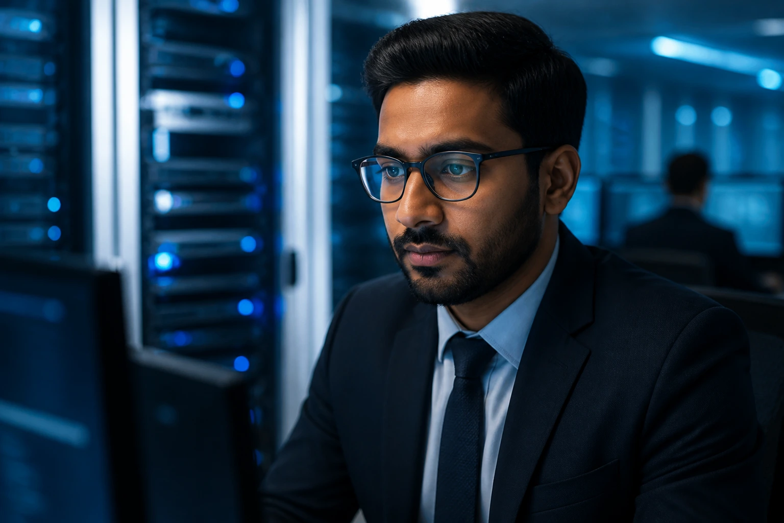 Close-up portrait of a cybersecurity expert in a high-tech bank environment