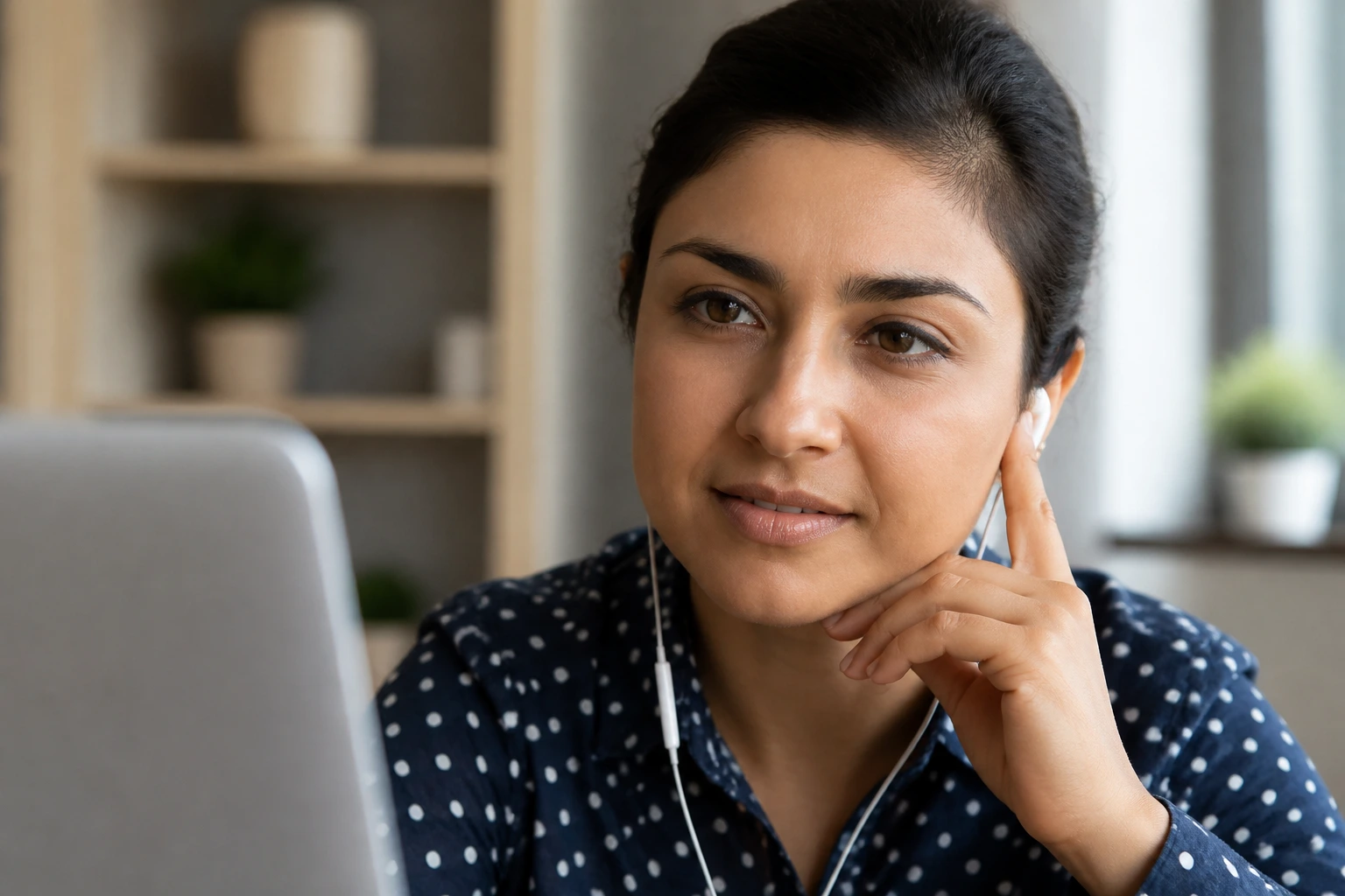 Close-up of a client listening in a home-office setting for clear communication with a solicitor