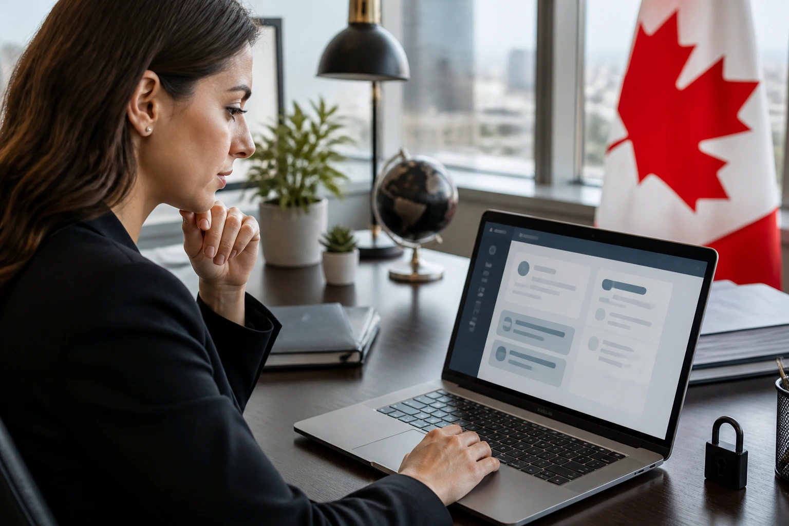 Professional evaluating communication methods in a modern office setting