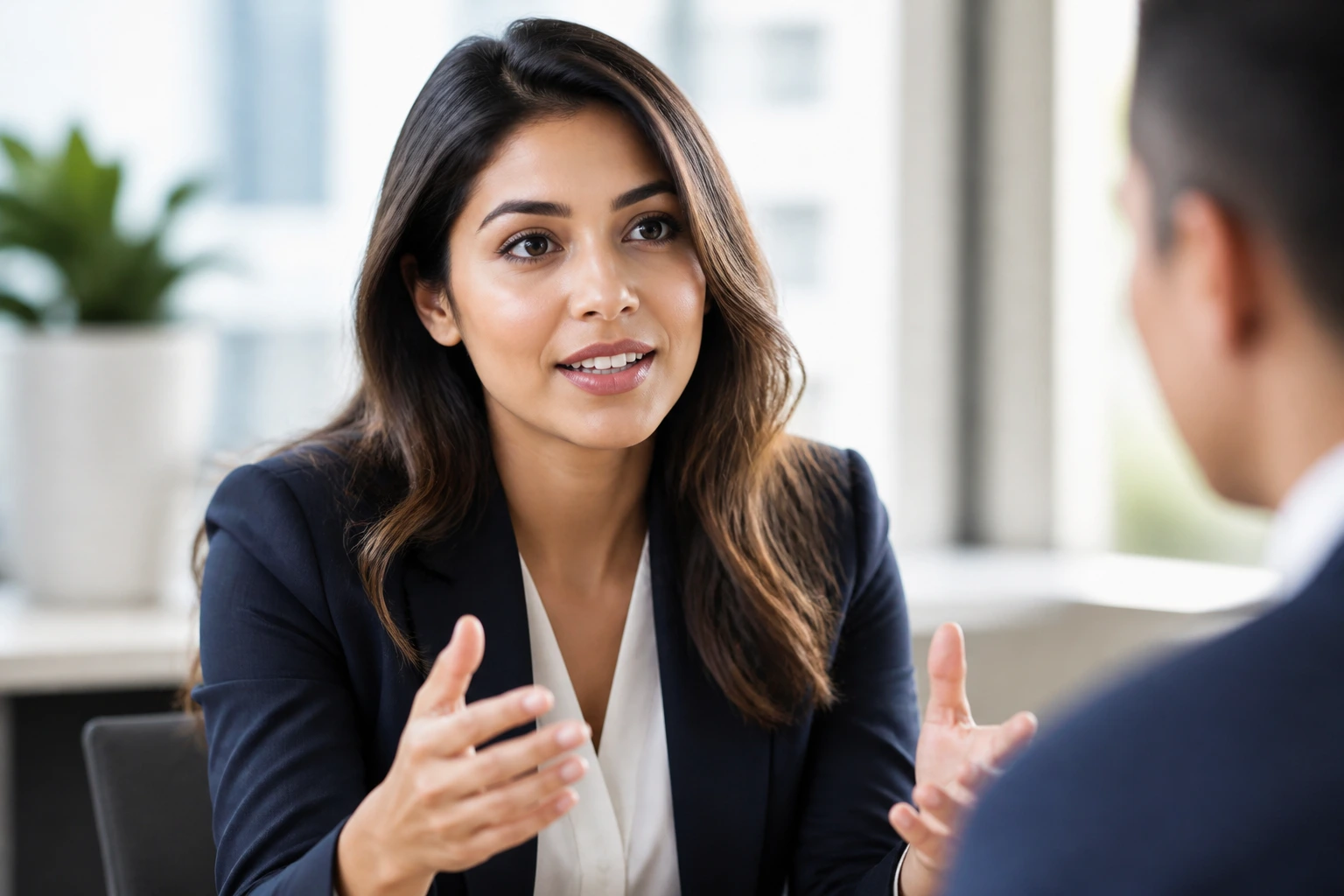Close-up portrait of a professional speaking with confidence in a modern office