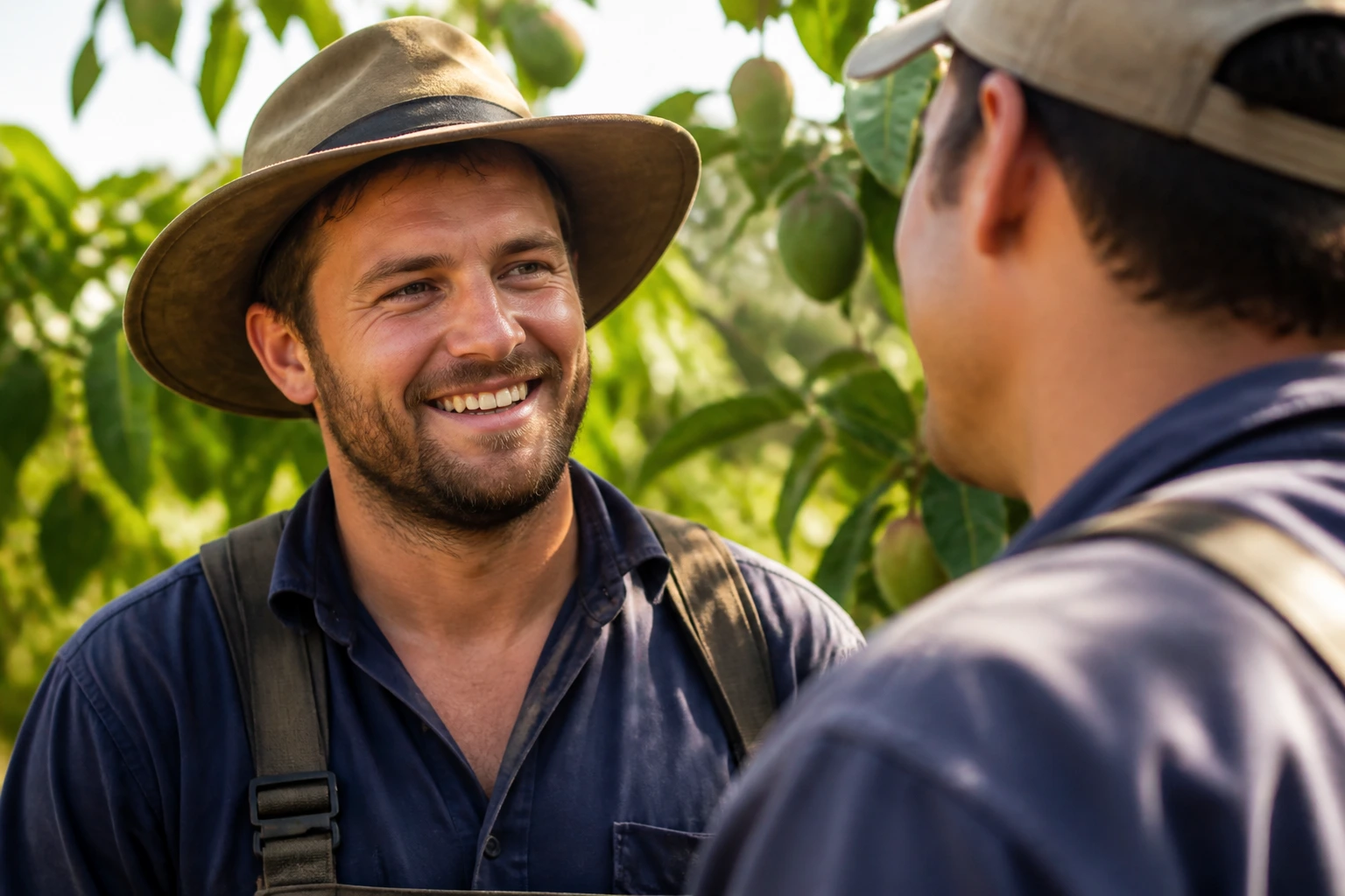 Portrait of Australian fruit picker networking with coworker in sunlit yard