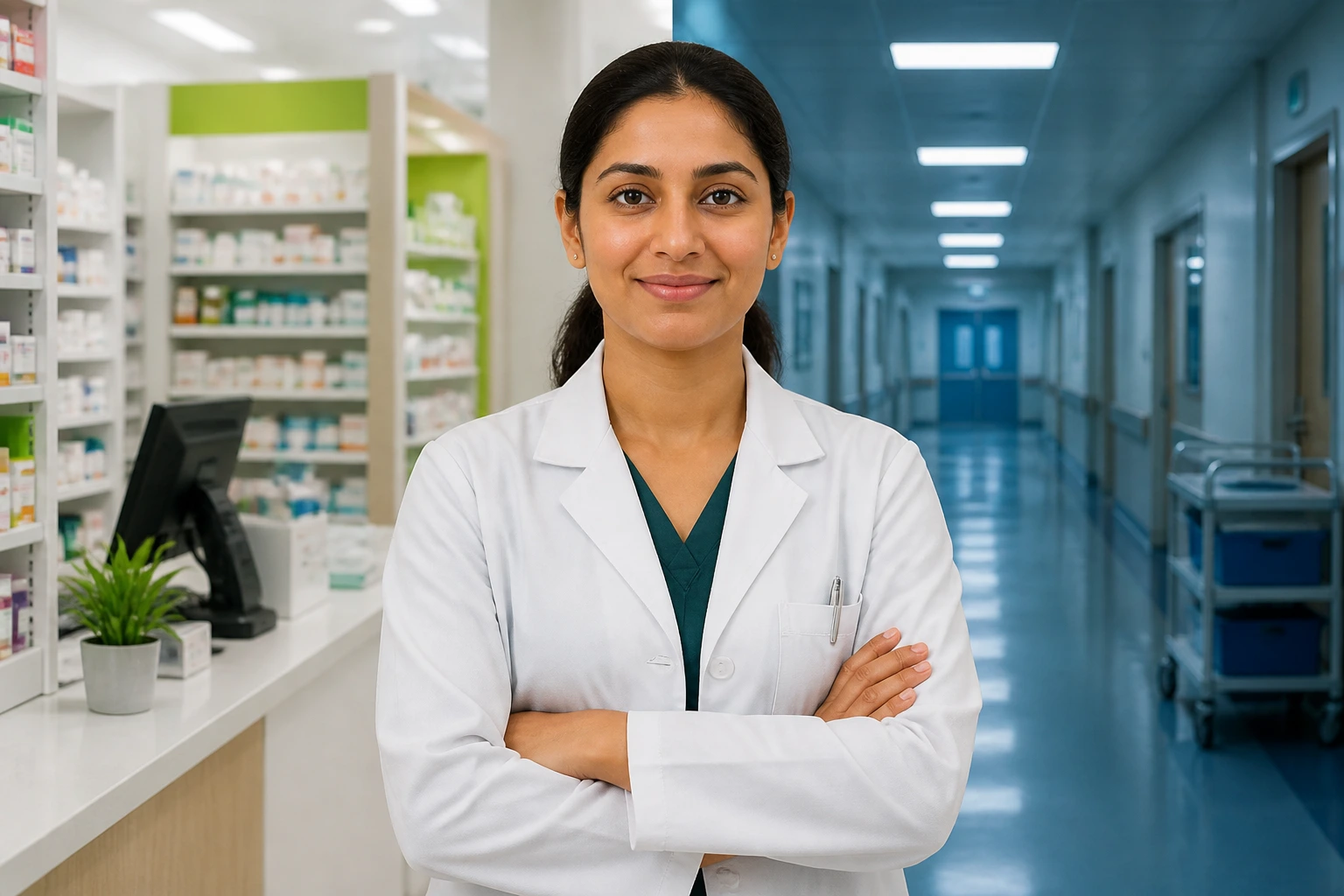 Pharmacist with dual-background illustrating community and hospital roles
